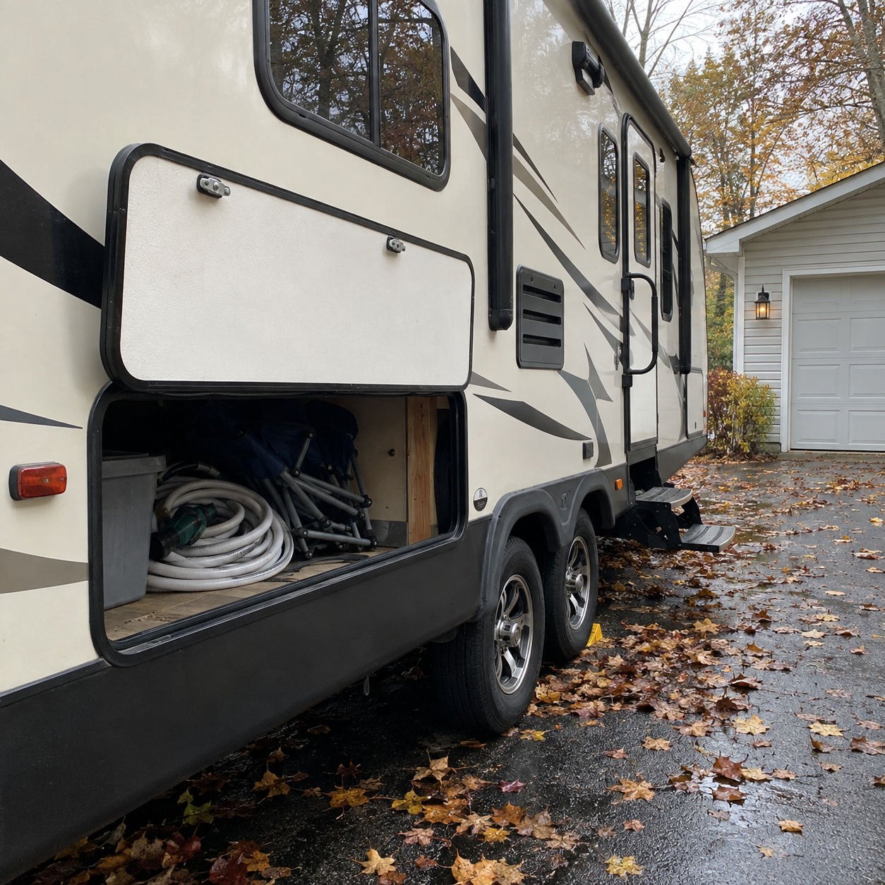 A parked RV with its storage compartment open on an autumn day