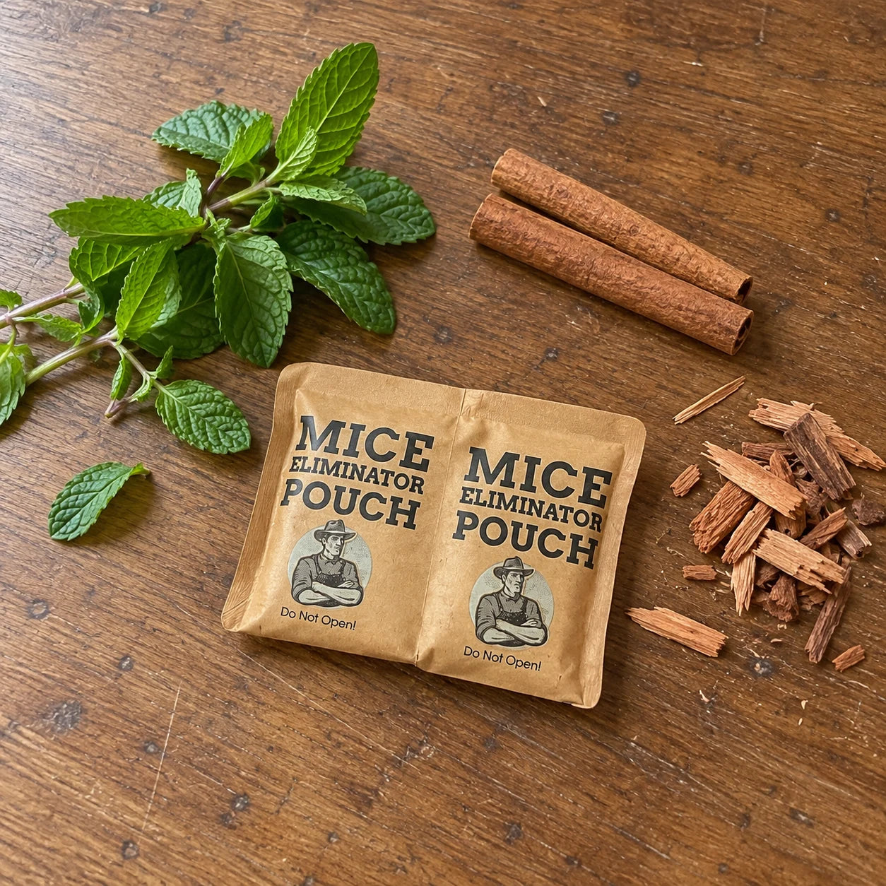 A sealed pouch beside peppermint leaves, cinnamon, and cedarwood