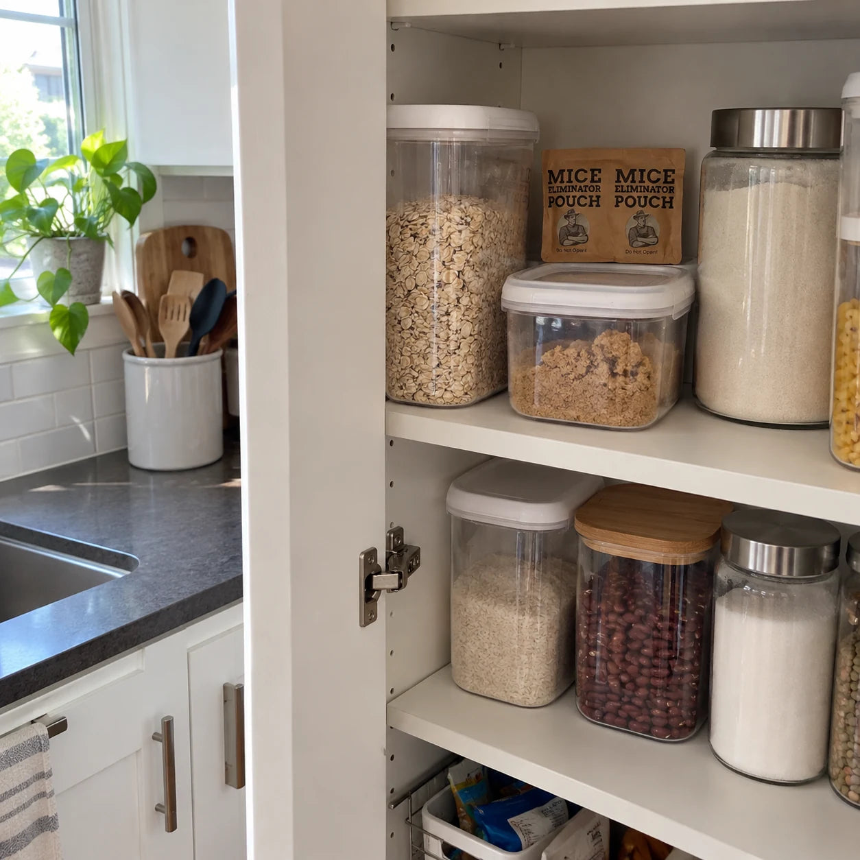 A pouch placed at the back of a home pantry cabinet